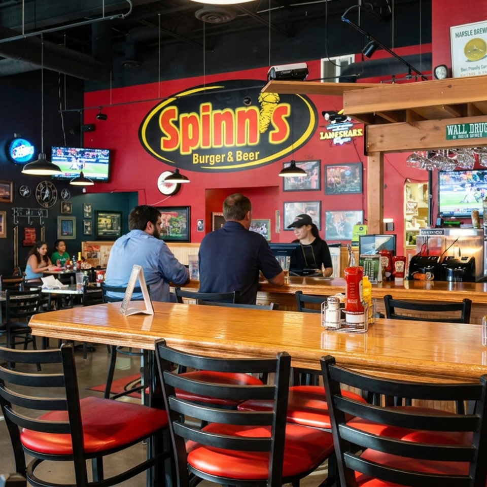 Spinn’s Burger & Beer dining room with red-accented decor, wooden tables, bar seating, staff, patrons, and multiple sports TVs.