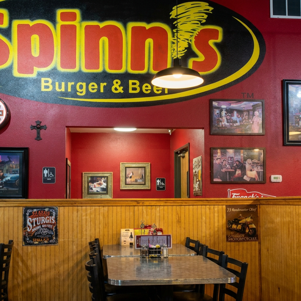 Red-walled Spinns Burger & Beer dining area with vintage decor, framed memorabilia, pendant lights, and empty tables.