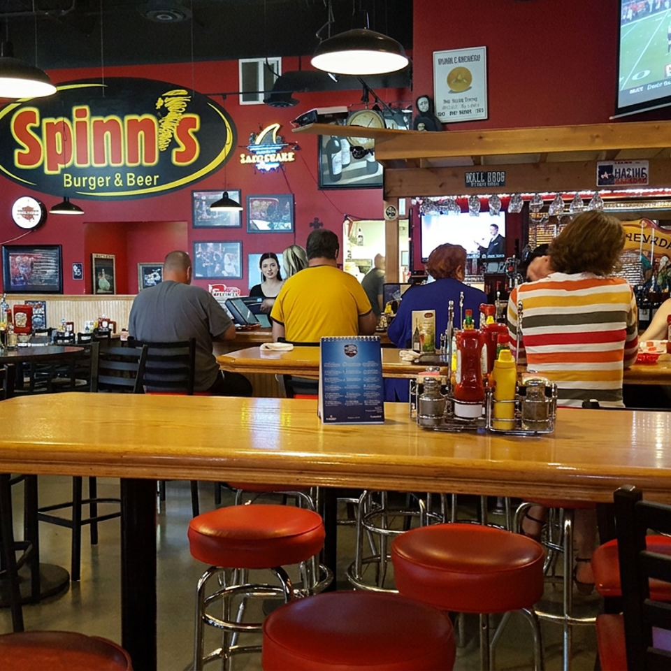 Spinn’s Burger & Beer restaurant interior with patrons at the bar, red stools, dining tables, sports televisions, and burger-themed decor.