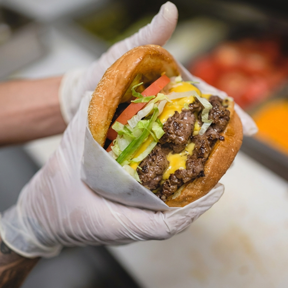 Gloved hands hold a cheeseburger with lettuce, tomato, onions, and sauce over a restaurant preparation counter.