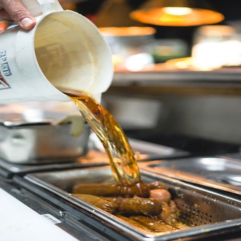 Hand pours amber liquid from a labeled cup over sausages in a stainless-steel restaurant serving tray.